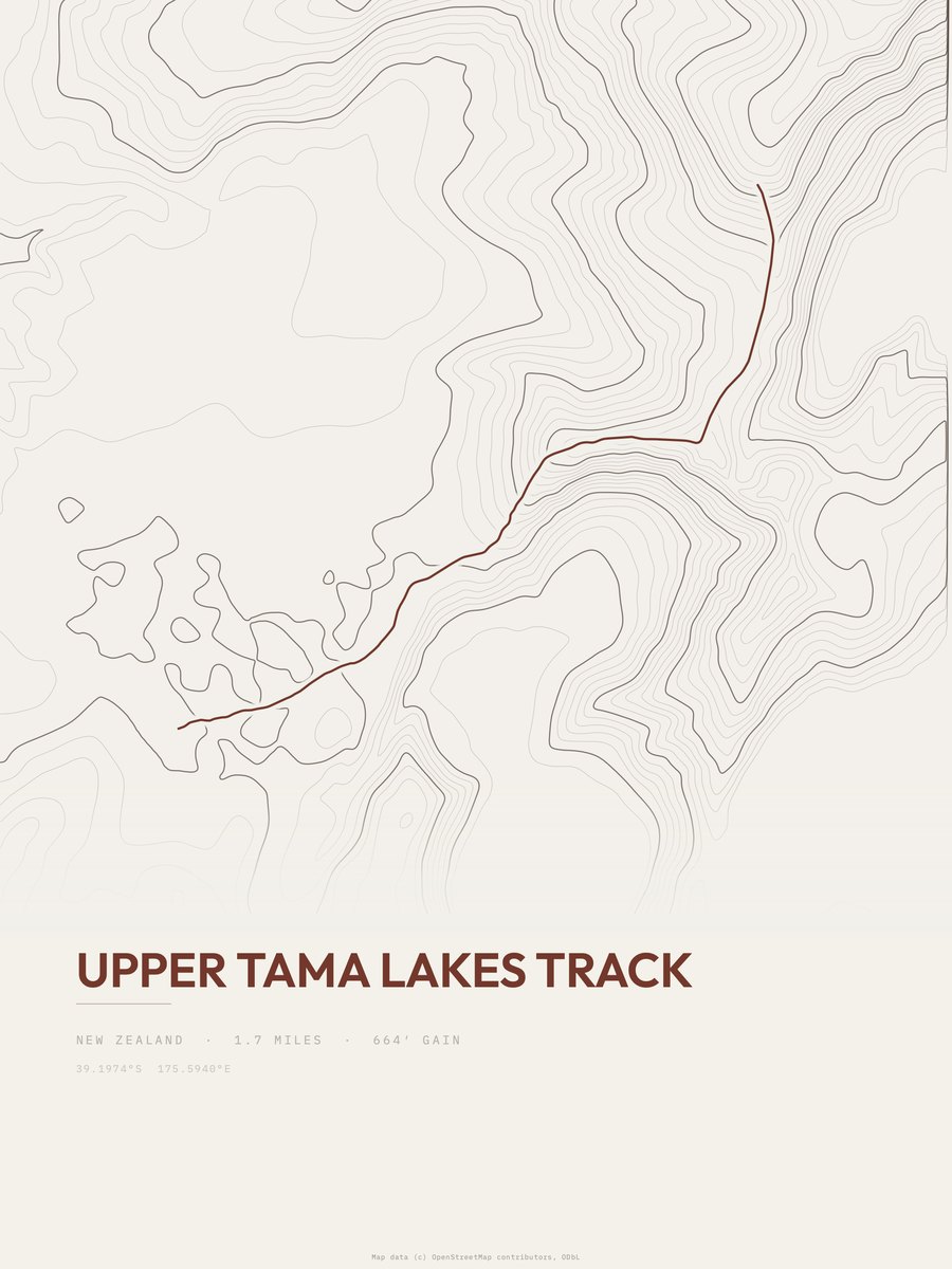 Upper Tama Lakes Track topographic trail print