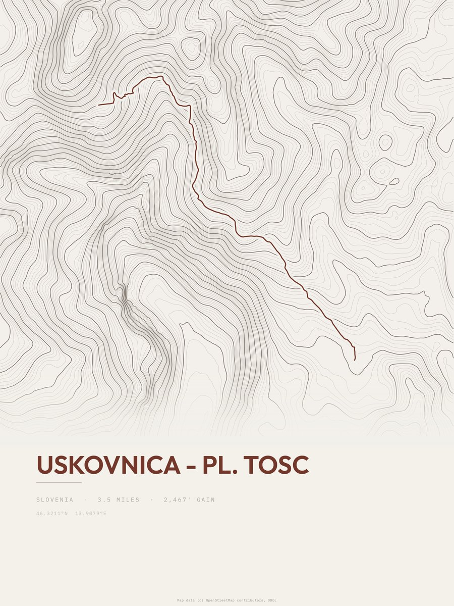 Uskovnica - Pl. Tosc topographic trail print