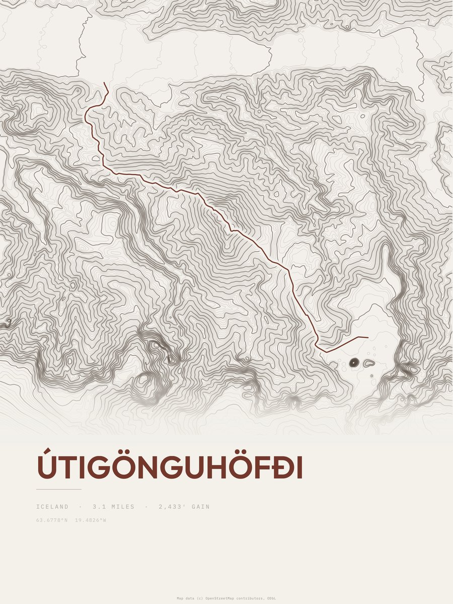 Útigönguhöfði topographic trail print