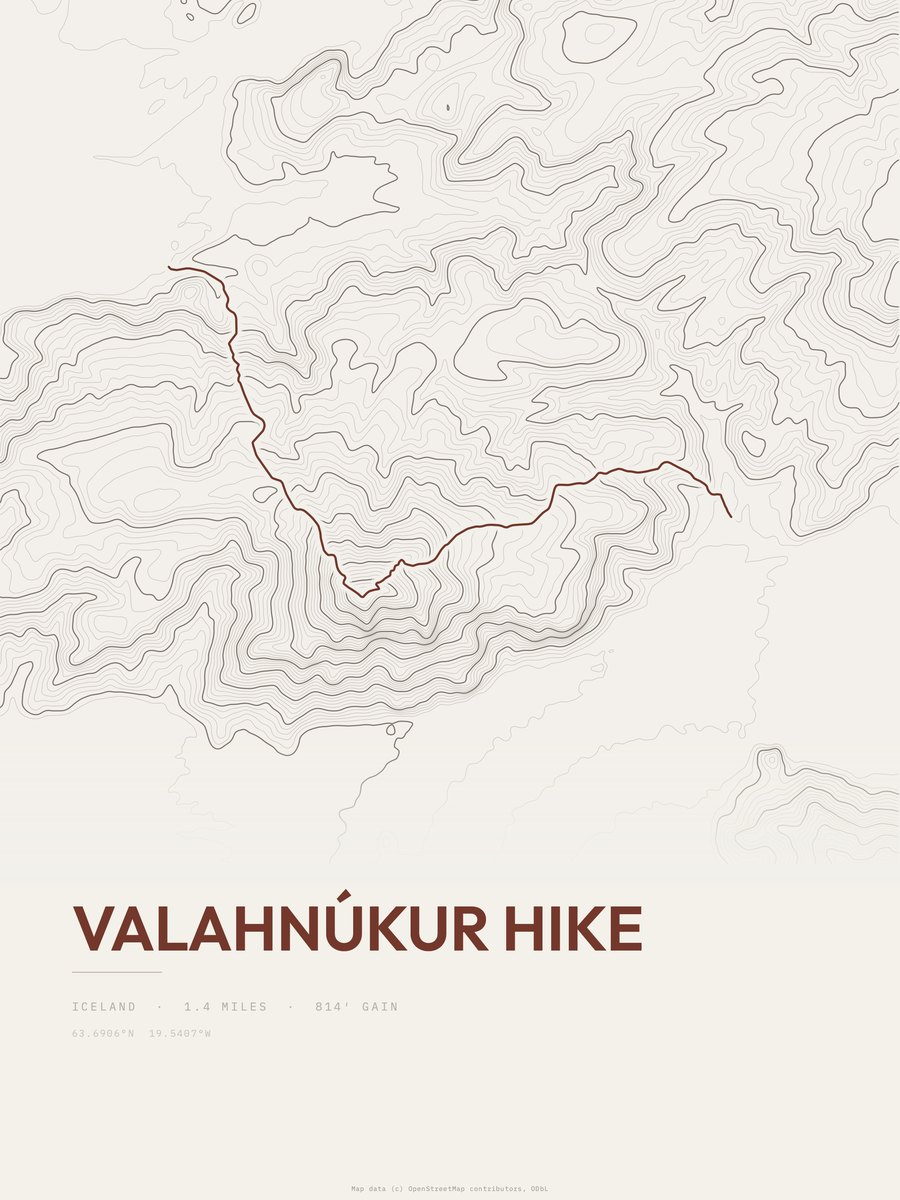 Valahnúkur hike topographic trail print