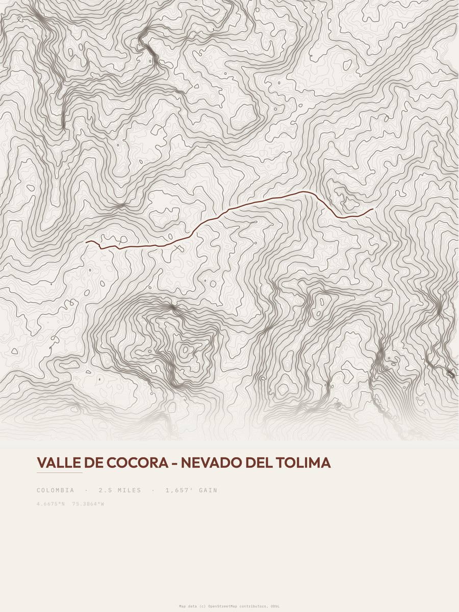 Nevado del Tolima topographic trail print