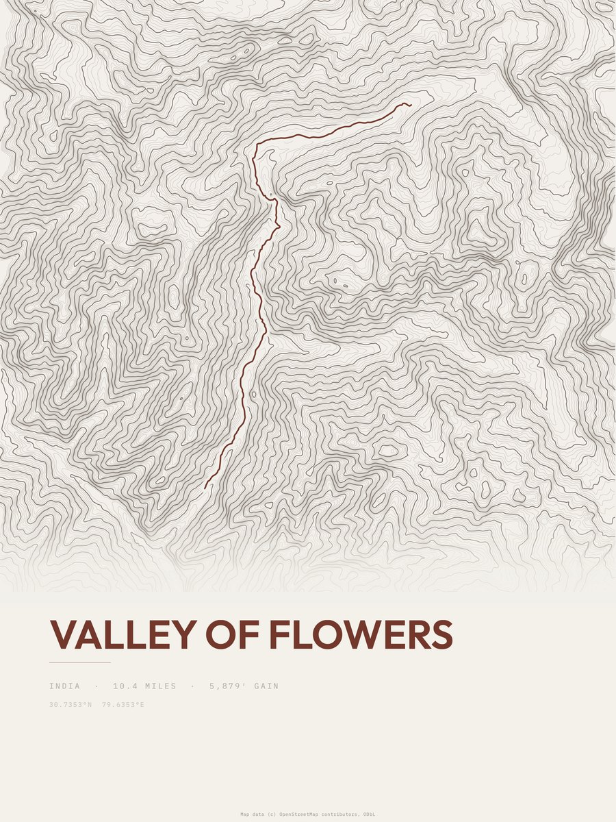 Valley of Flowers topographic trail print