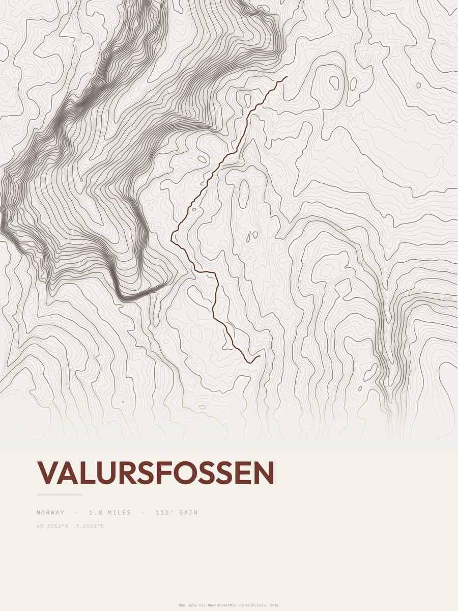 Valursfossen topographic trail print