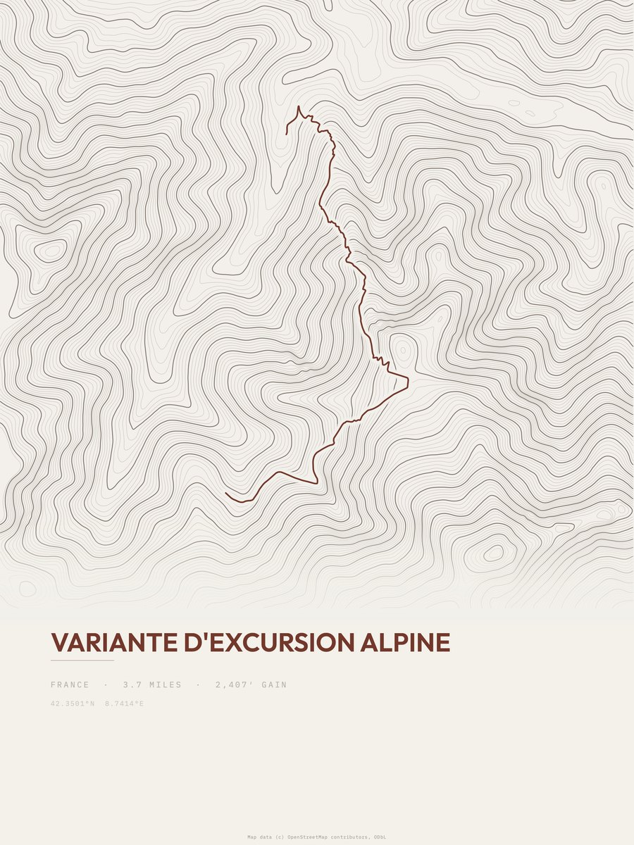 Variante d'excursion alpine topographic trail print