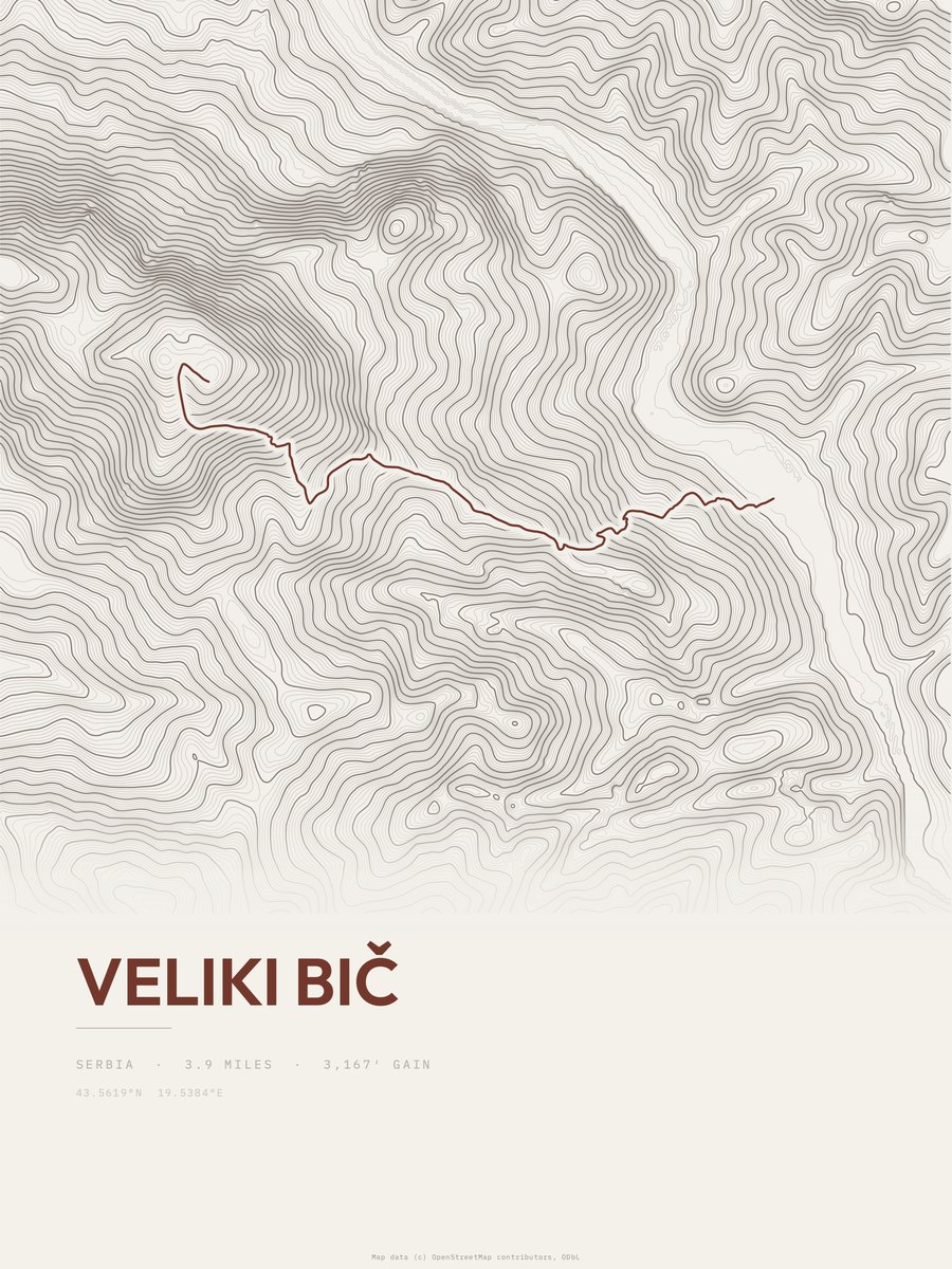 Veliki Bič topographic trail print