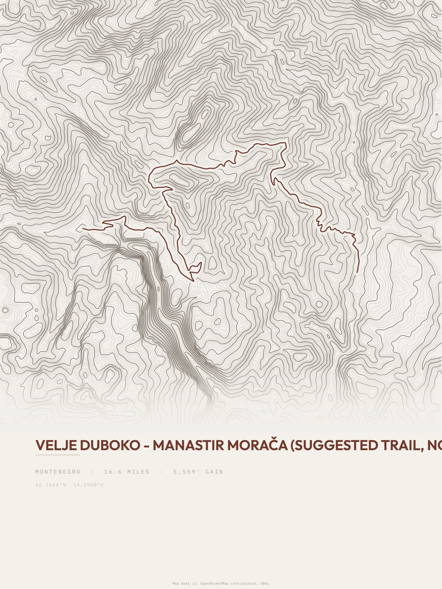 Velje Duboko to Manastir Morača topographic trail print