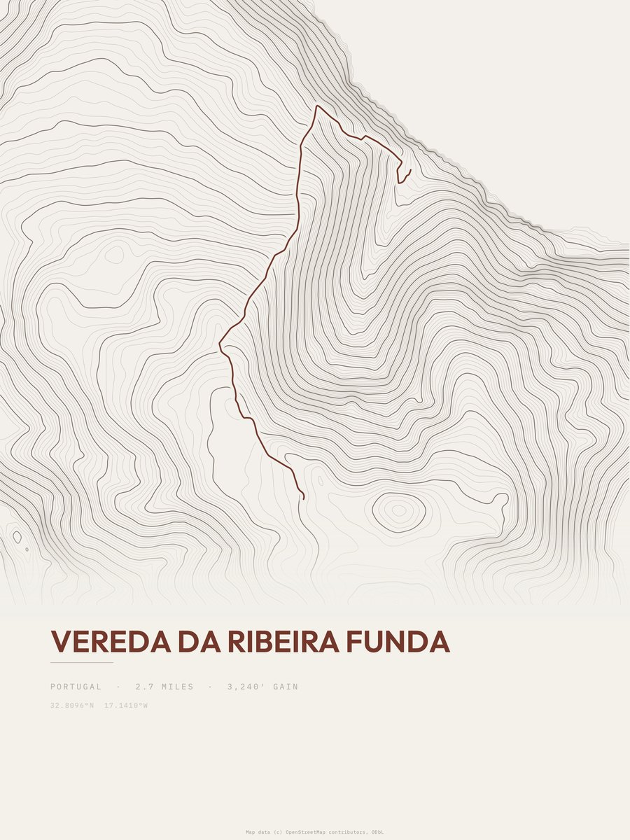 Vereda da Ribeira Funda topographic trail print
