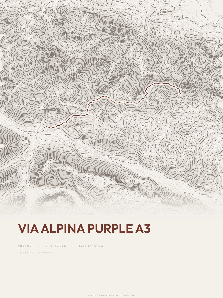 Via Alpina Purple A3 topographic trail print