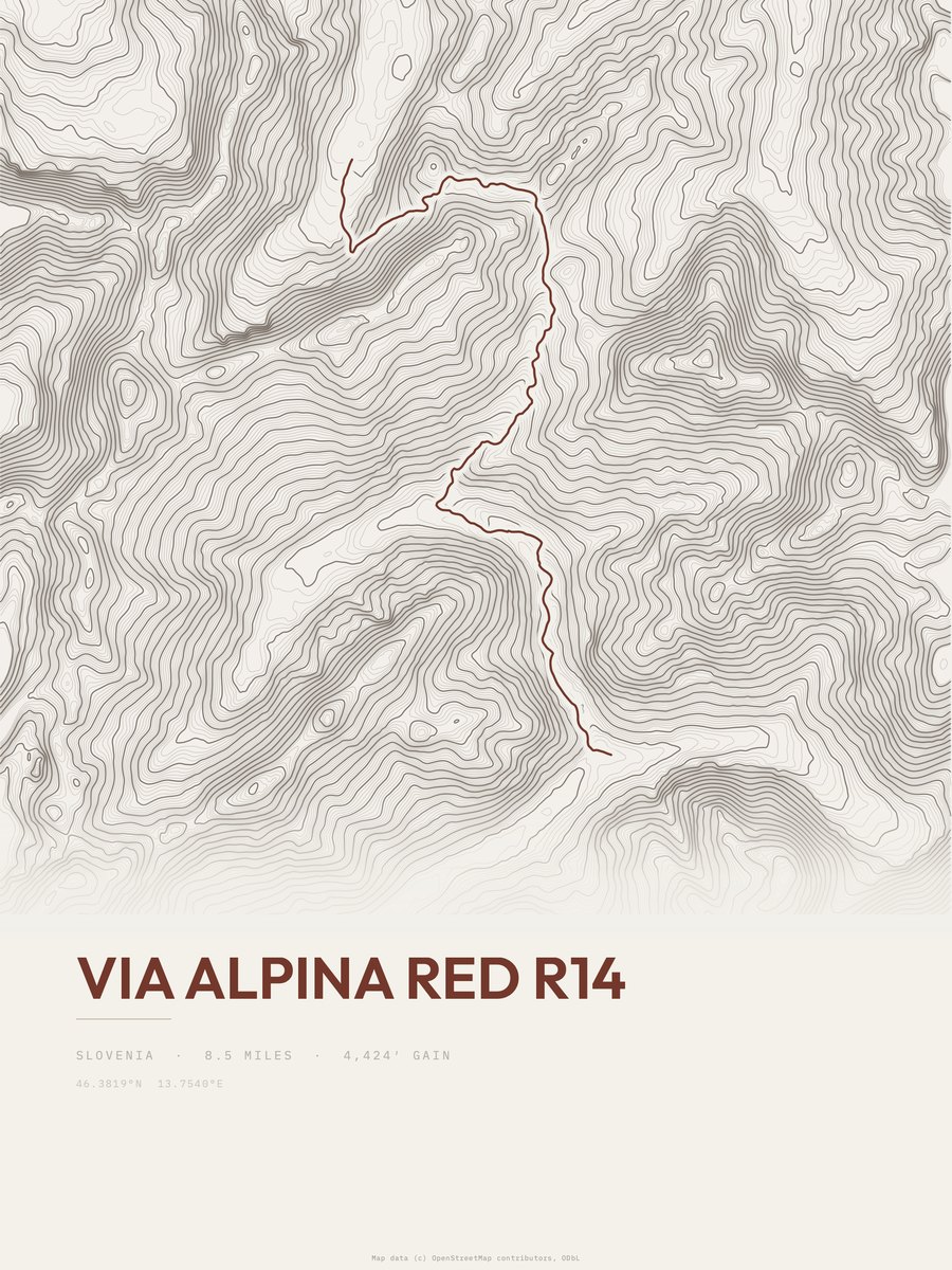 Via Alpina Red R14 topographic trail print
