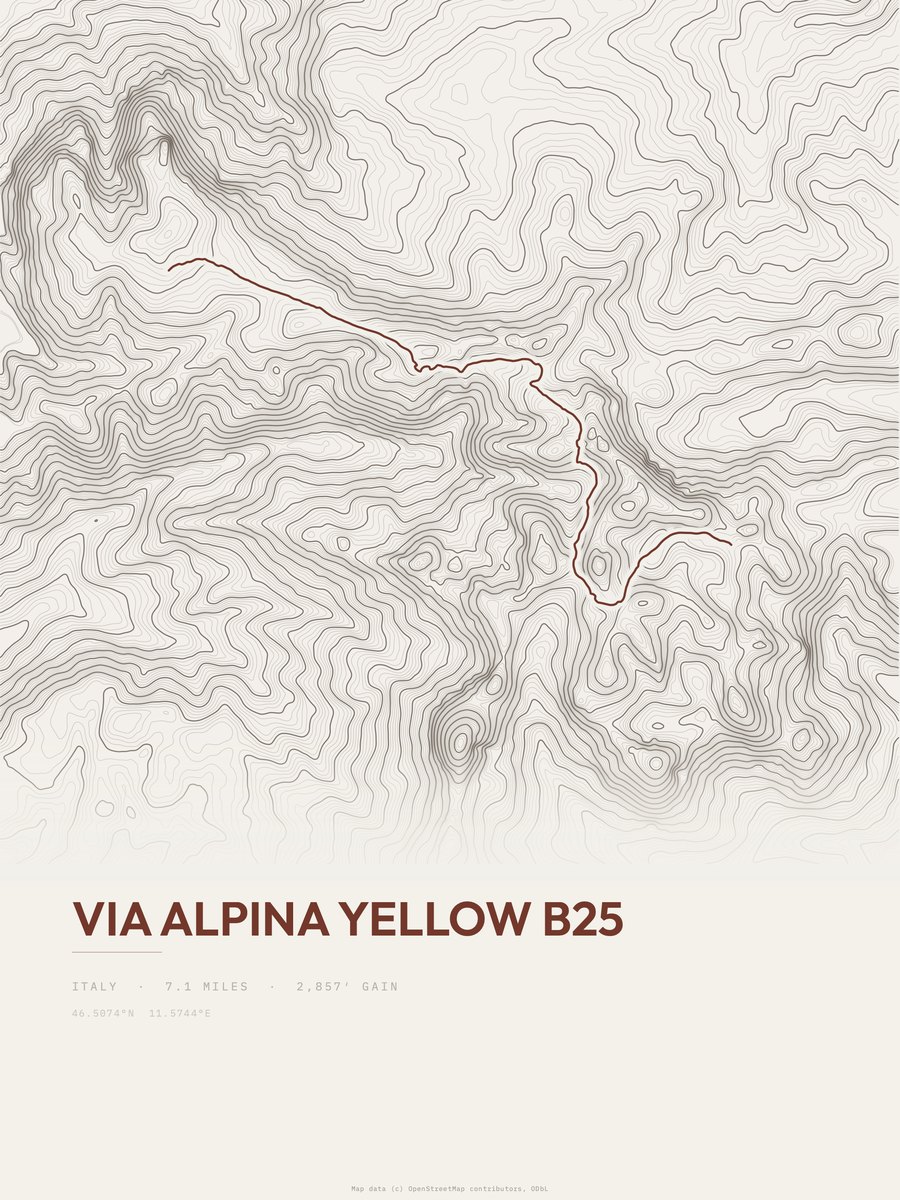 Via Alpina Yellow B25 topographic trail print