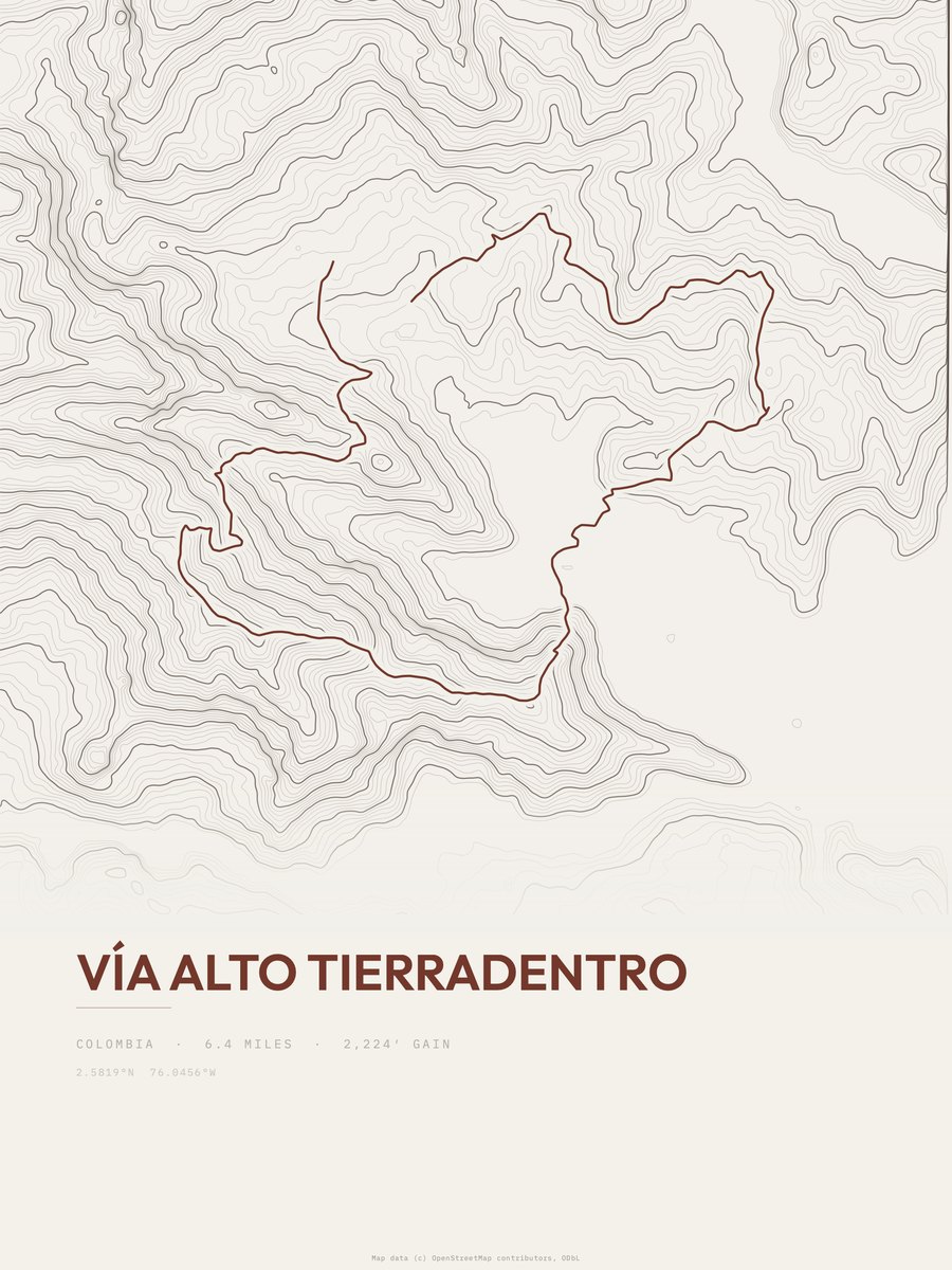 Vía Alto Tierradentro topographic trail print