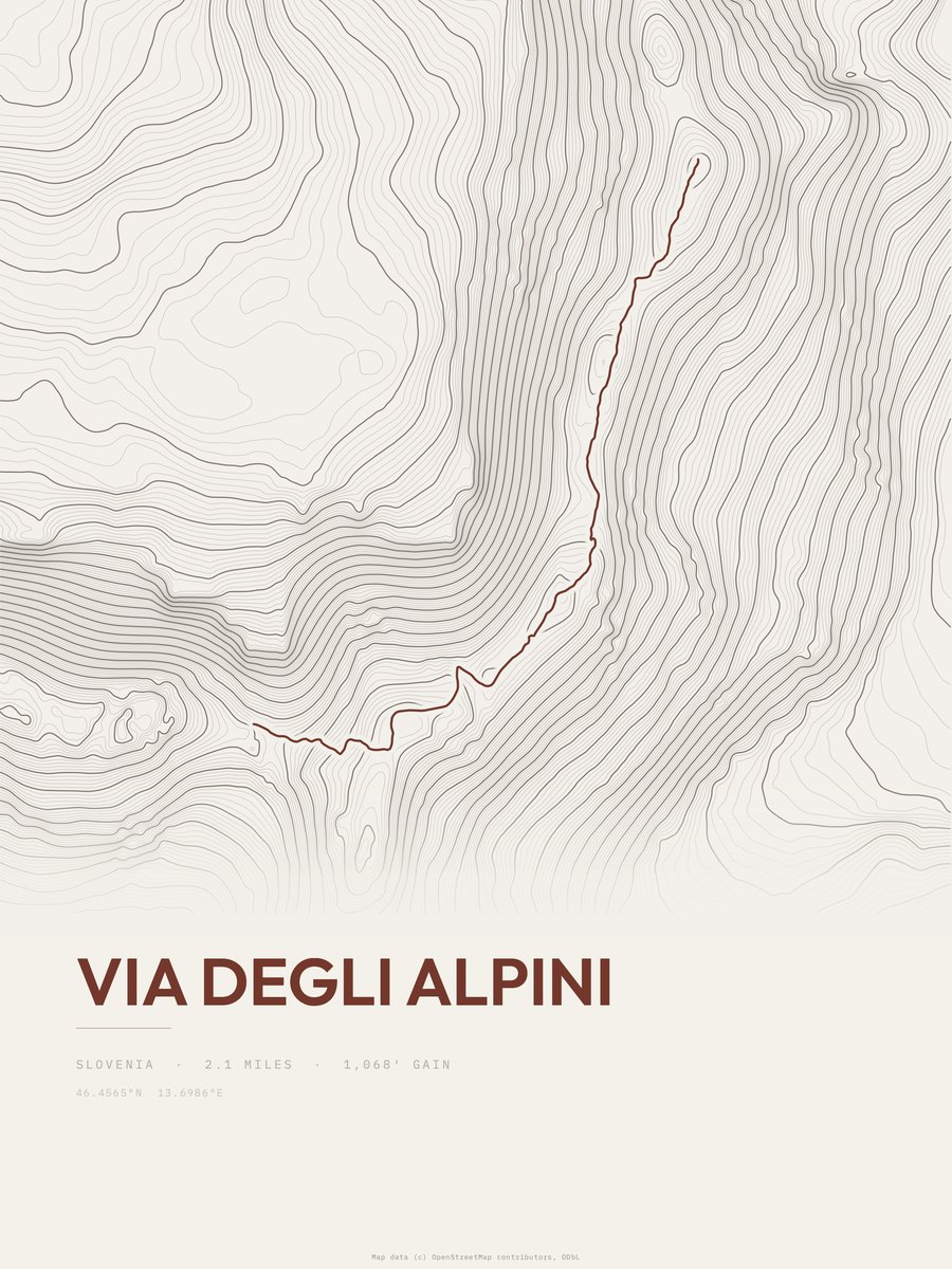 Via degli Alpini topographic trail print