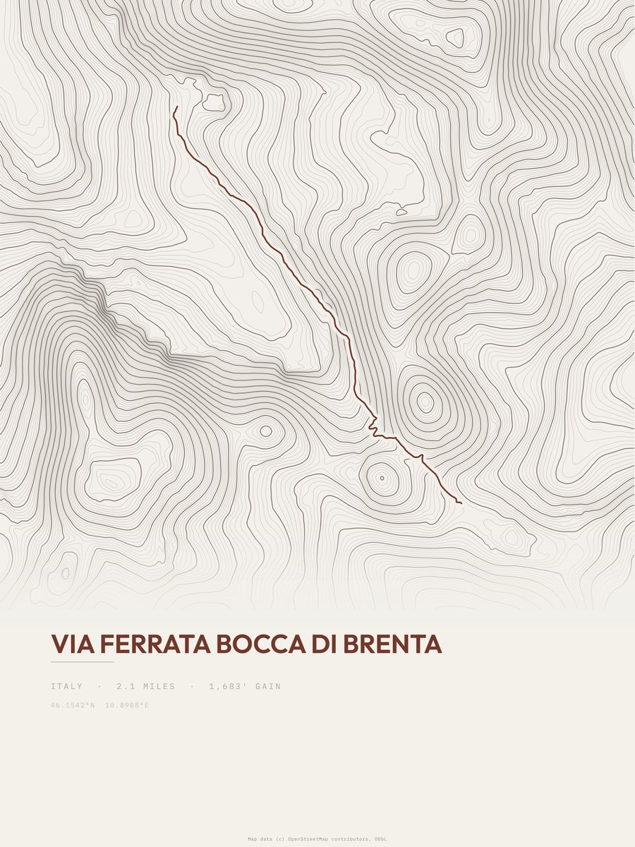 Via ferrata Bocca di Brenta topographic trail print