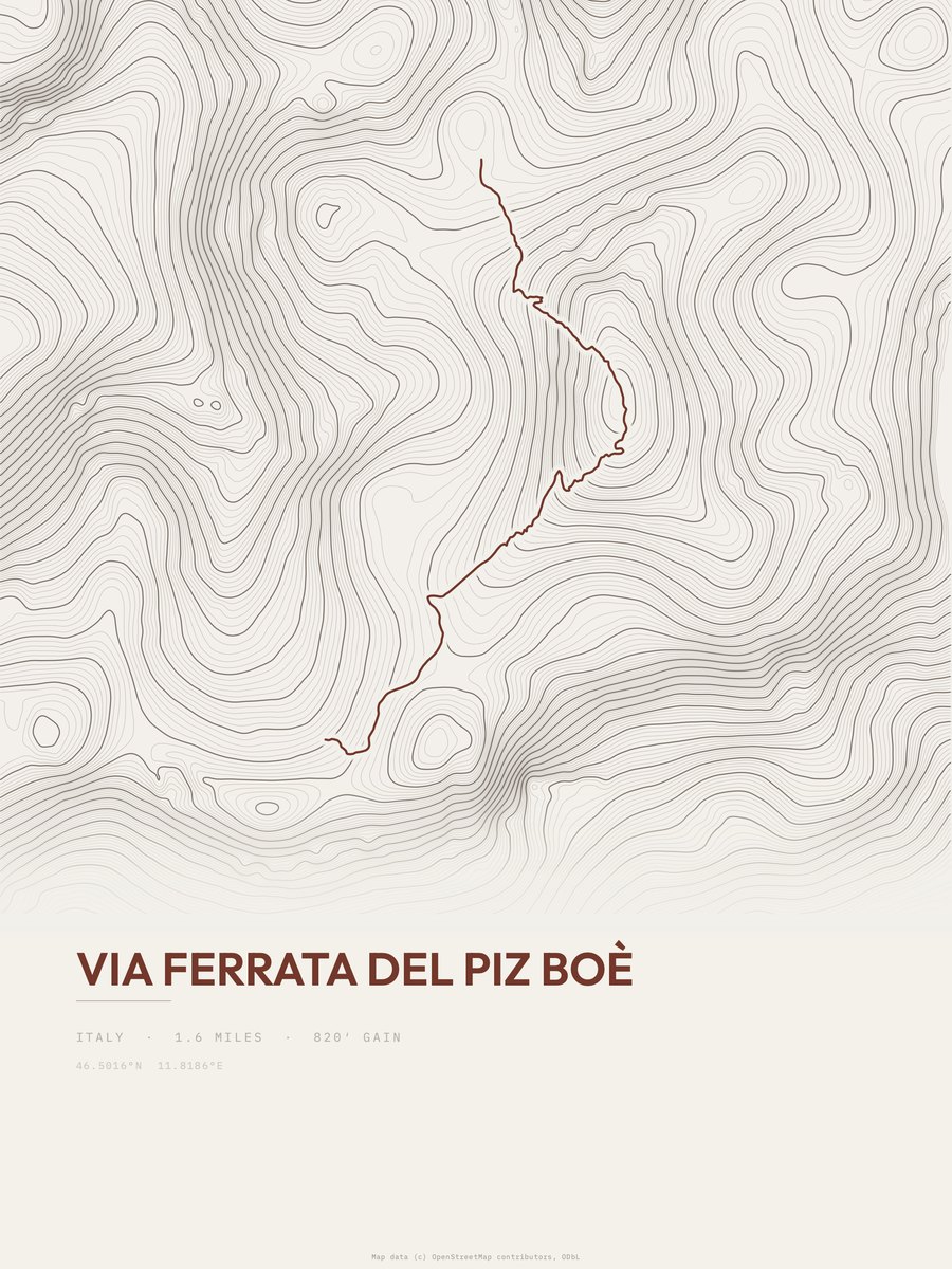 Via ferrata del Piz Boè topographic trail print