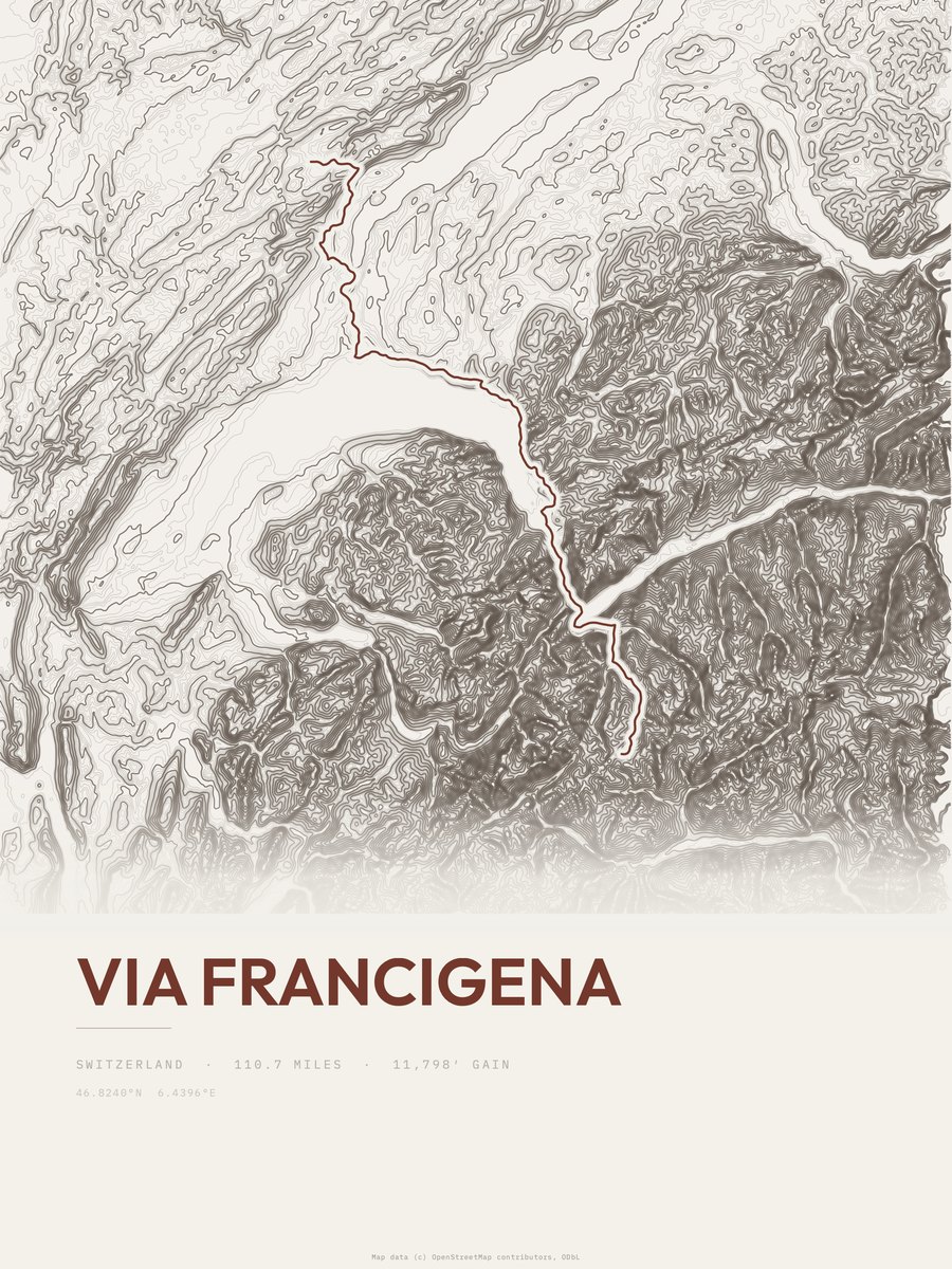Via Francigena topographic trail print