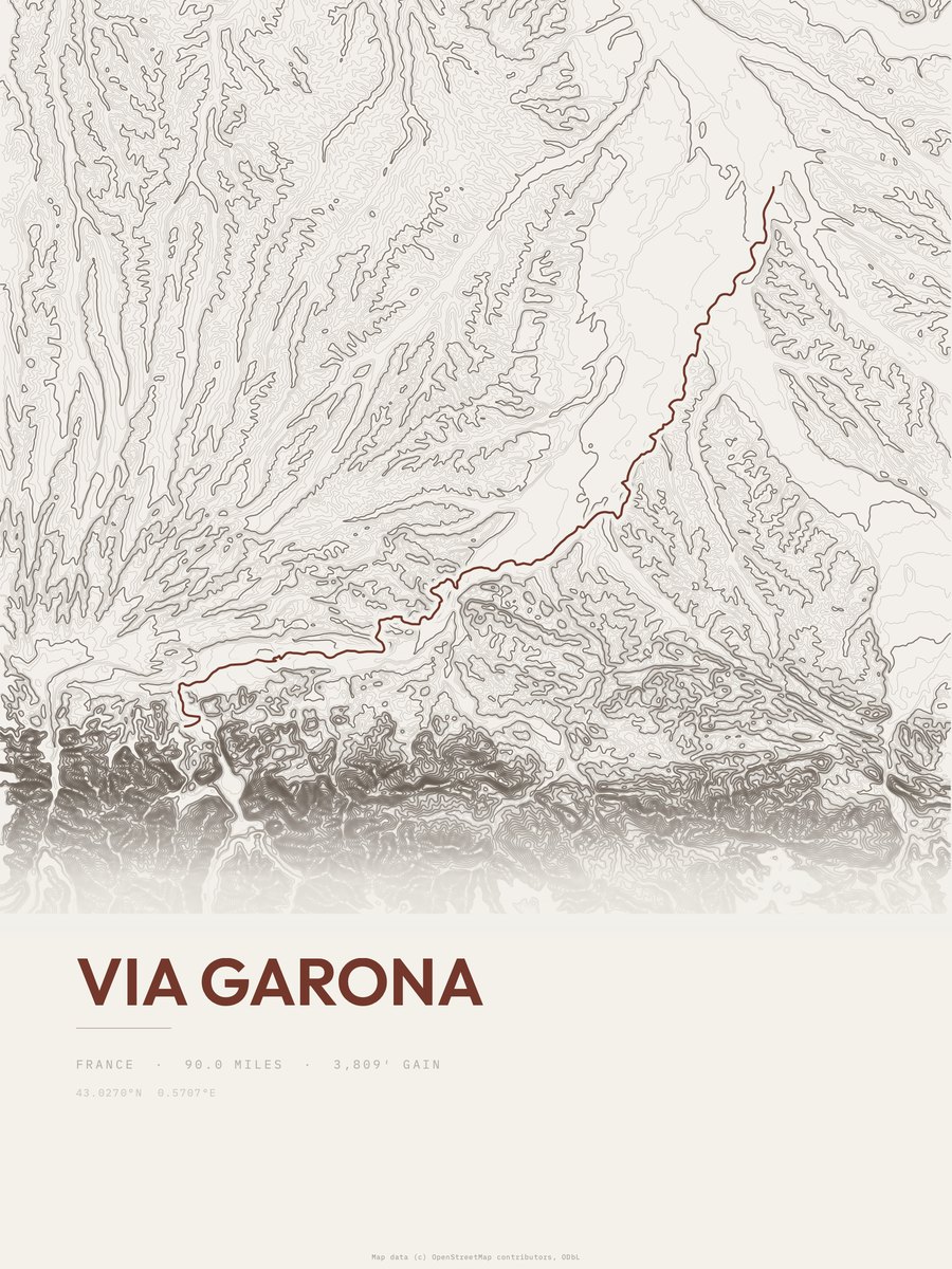 Via Garona topographic trail print