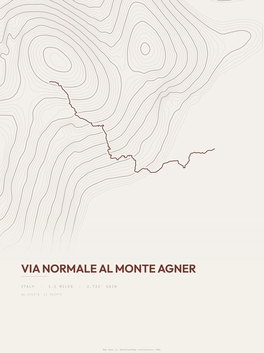 Via normale al Monte Agner topographic trail print