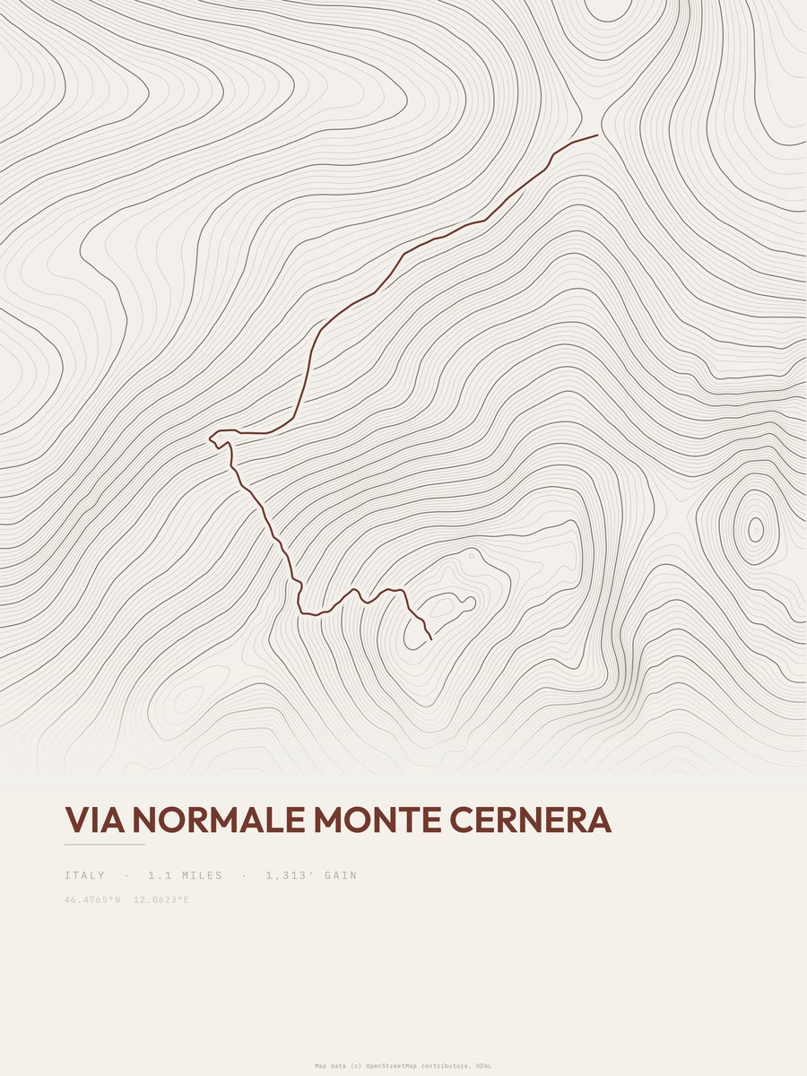 Via Normale Monte Cernera topographic trail print