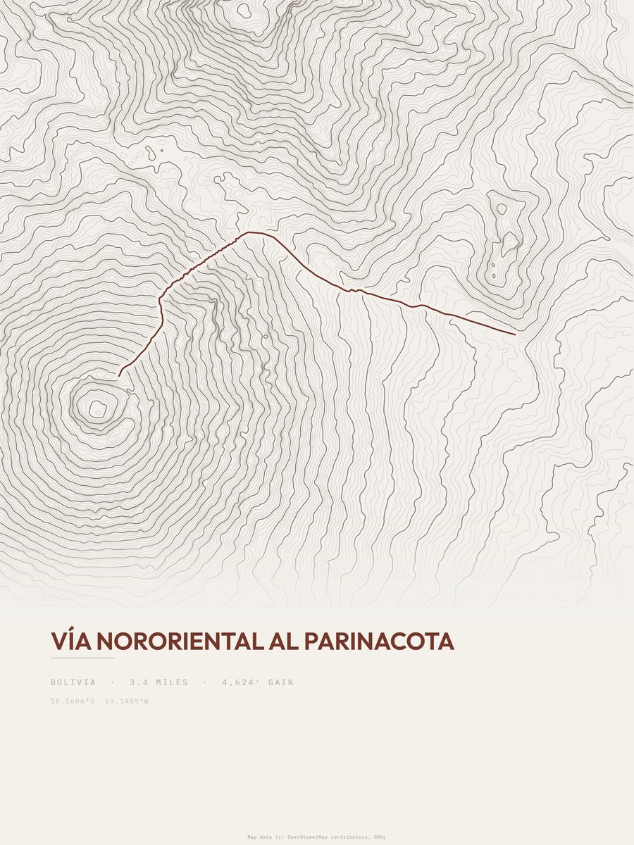 Vía Nororiental al Parinacota topographic trail print