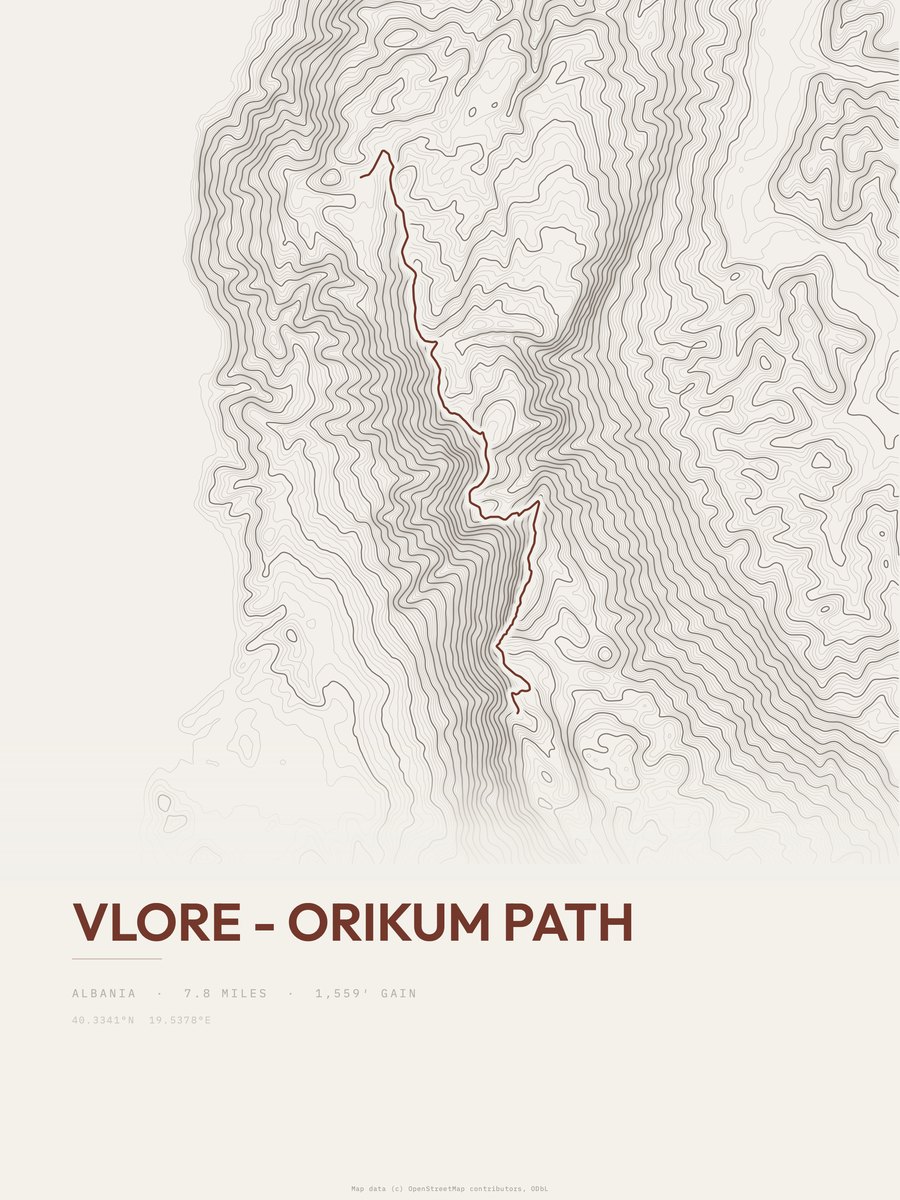 Vlore - Orikum path topographic trail print