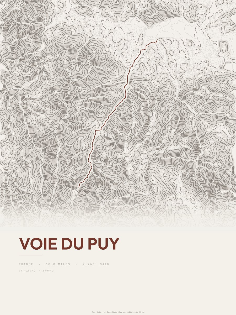 Voie du Puy topographic trail print