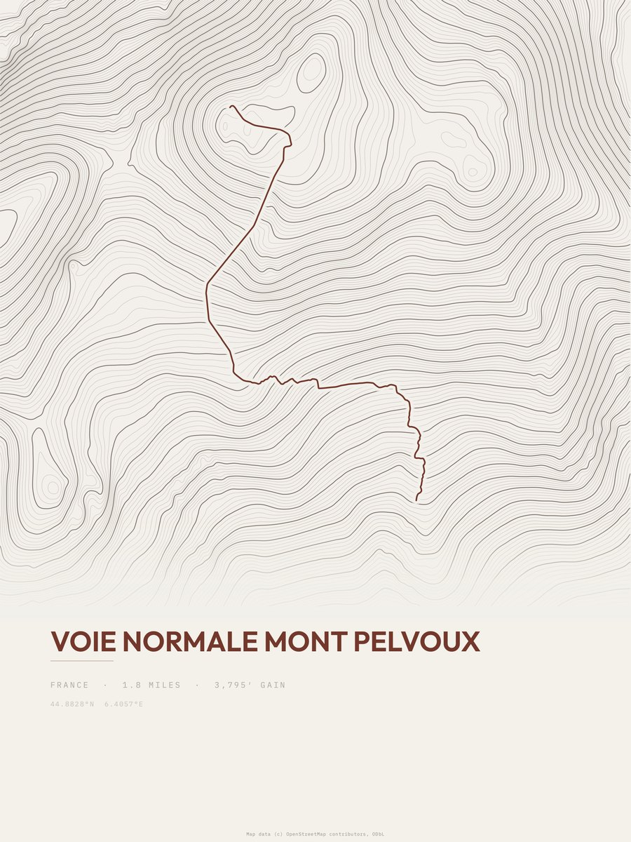 Voie Normale Mont Pelvoux topographic trail print