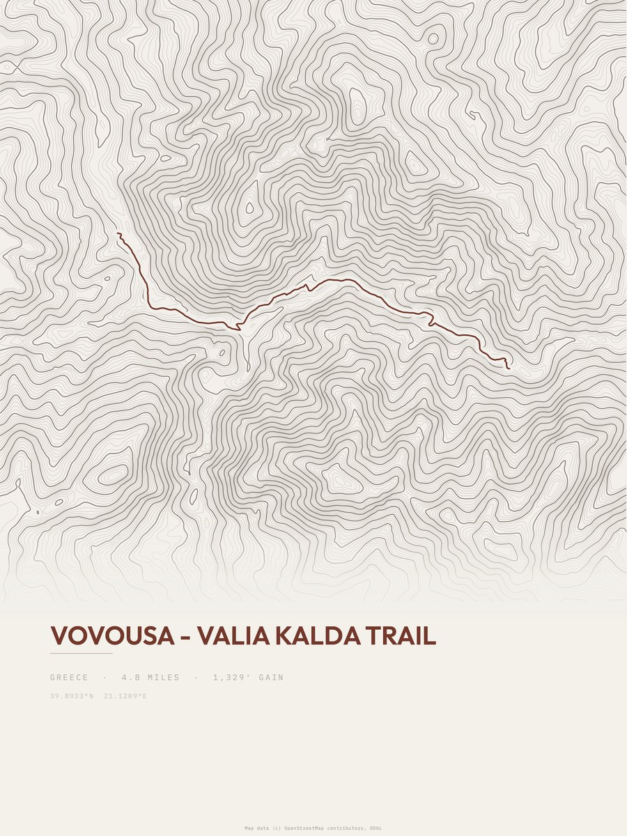 Vovousa - Valia Kalda Trail topographic trail print