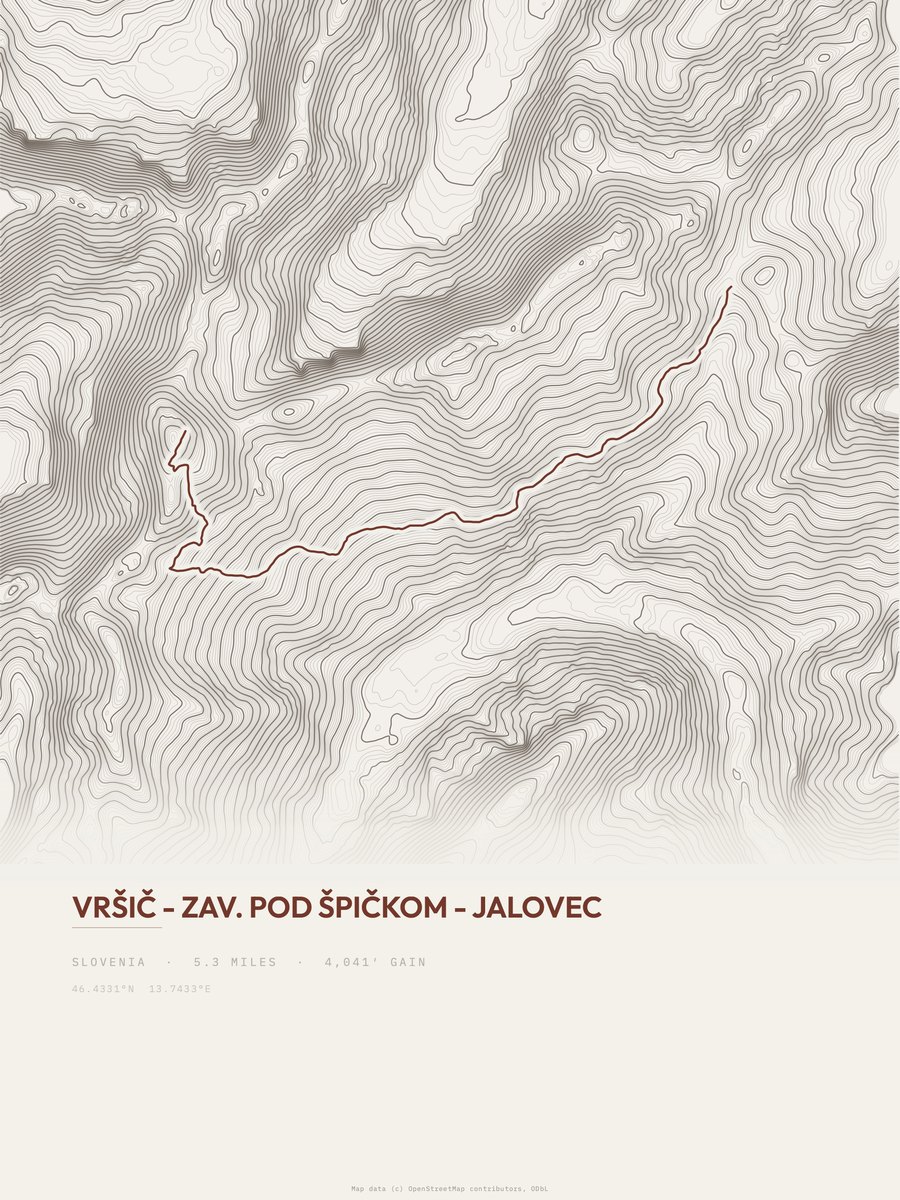 Vršič to Jalovec topographic trail print
