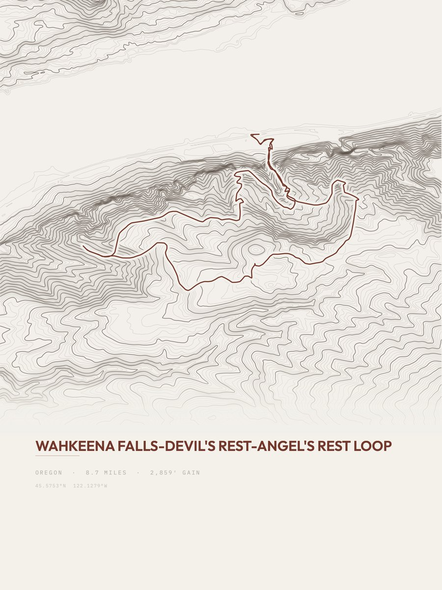 Wahkeena Falls Loop topographic trail print