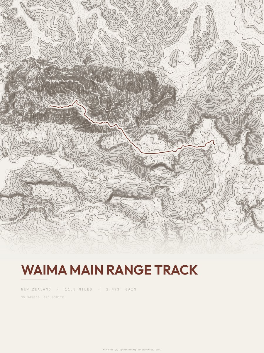Waima Main Range Track topographic trail print
