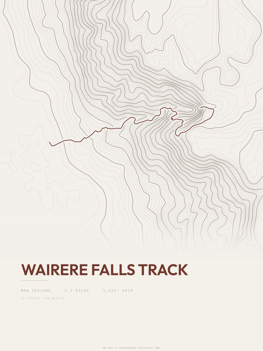 Wairere Falls track topographic trail print