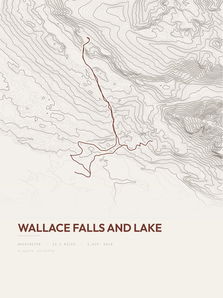 Wallace Falls and Lake topographic trail print