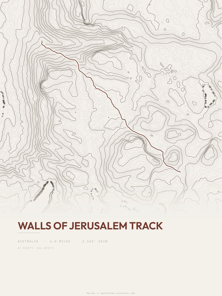 Walls of Jerusalem Track topographic trail print