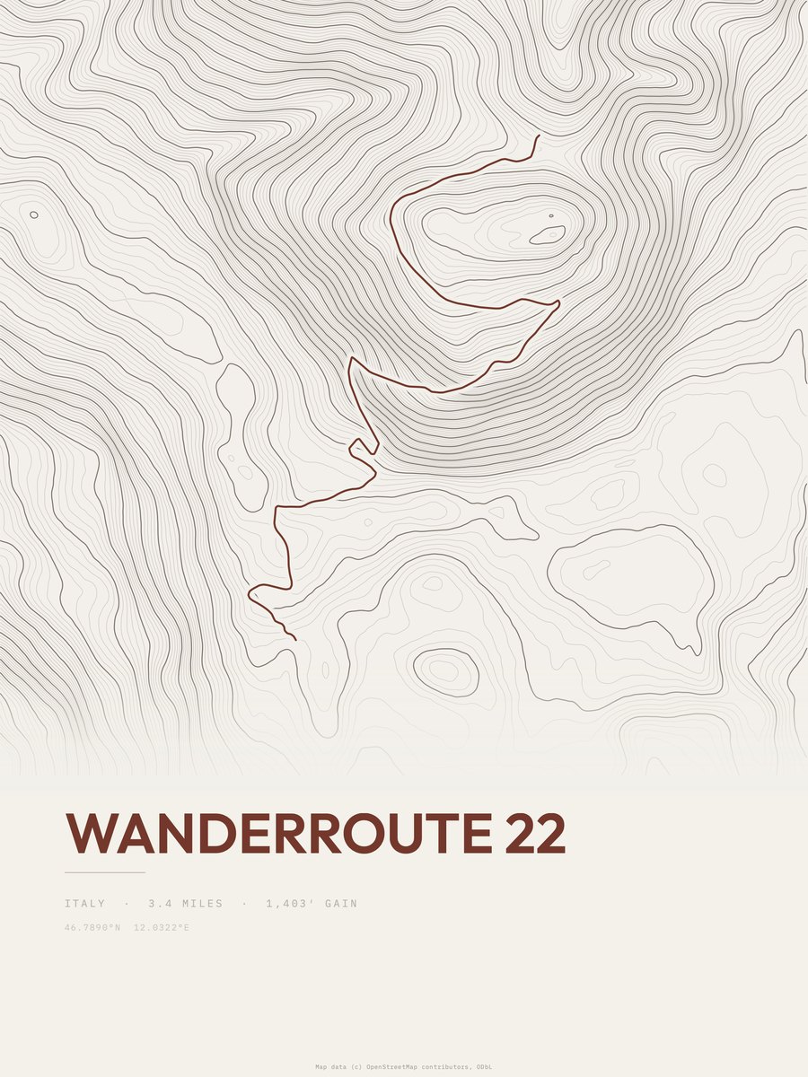 Wanderroute 22 topographic trail print
