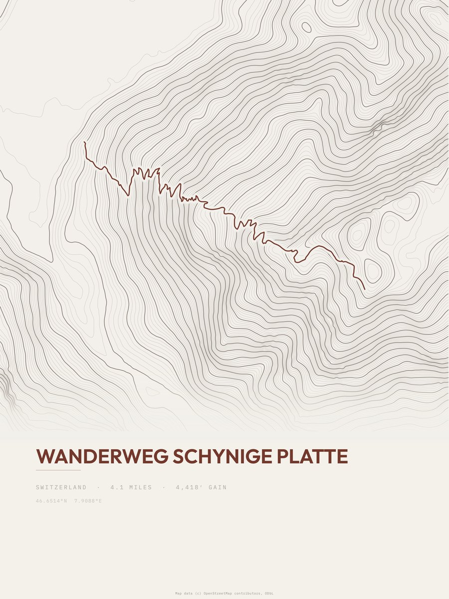 Wanderweg Schynige Platte topographic trail print