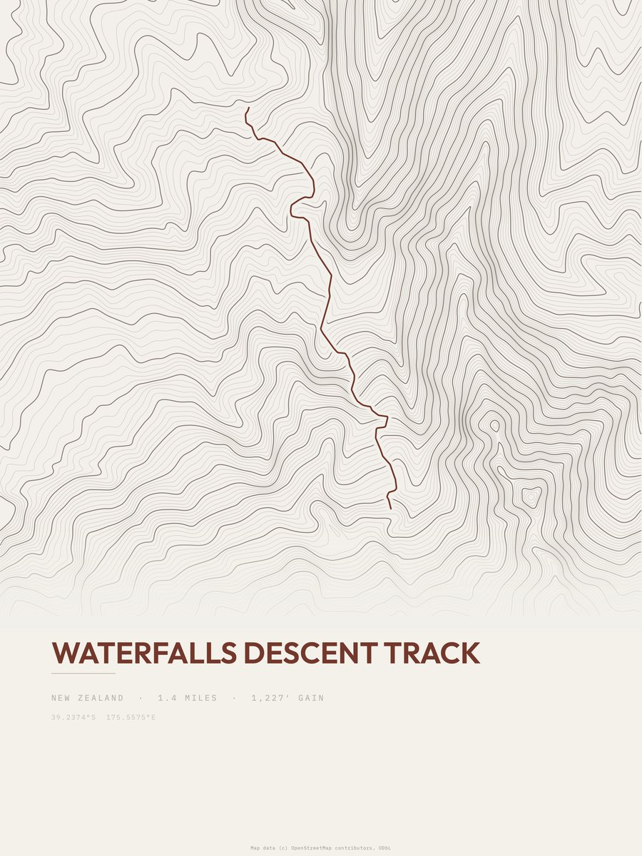Waterfalls Descent Track topographic trail print