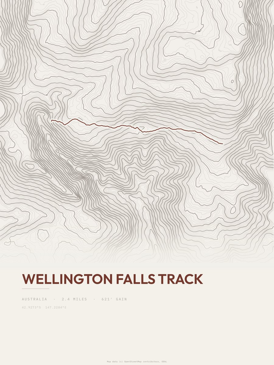 Wellington Falls Track topographic trail print