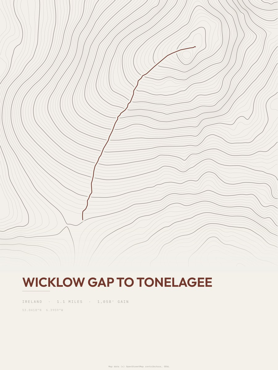 Wicklow Gap to Tonelagee topographic trail print