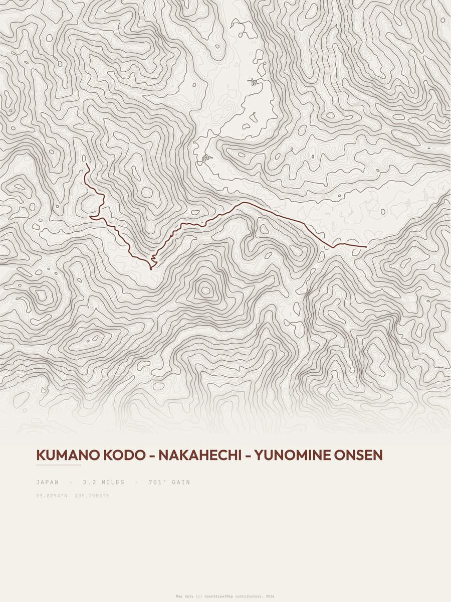 Kumano Kodo Nakahechi topographic trail print