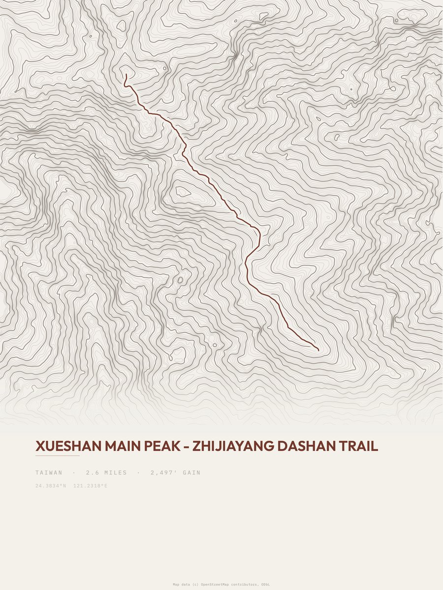 Xueshan Main Peak topographic trail print