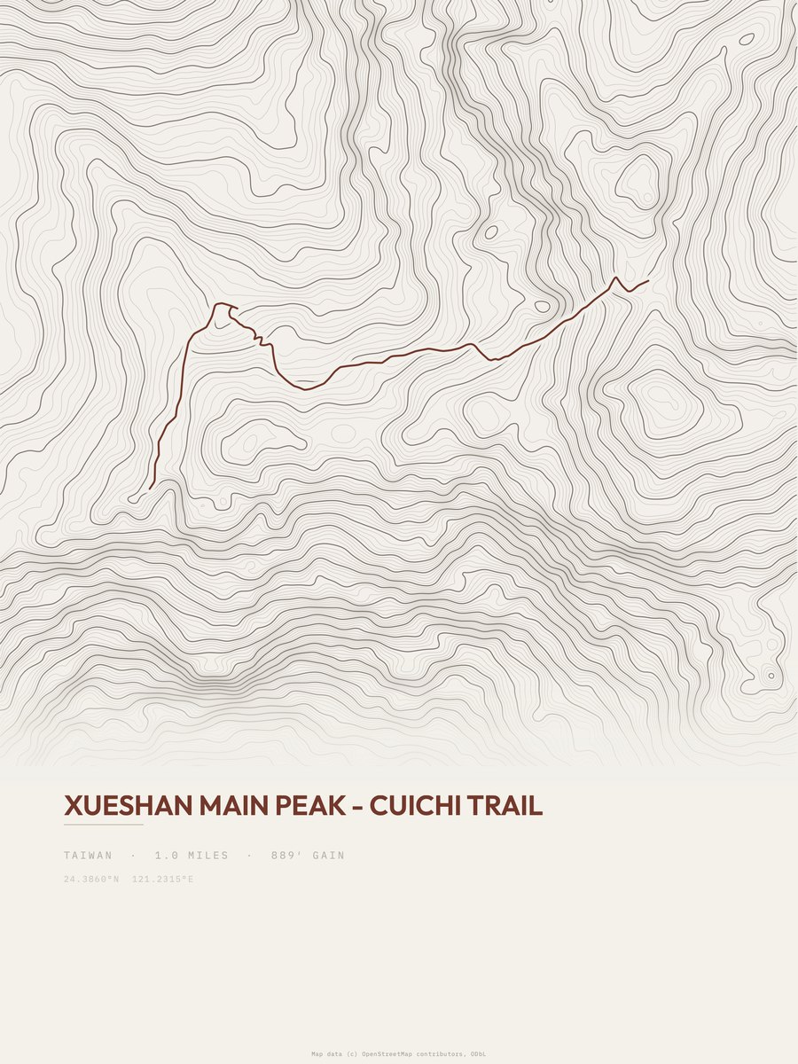 Xueshan Main Peak - Cuichi Trail topographic trail print
