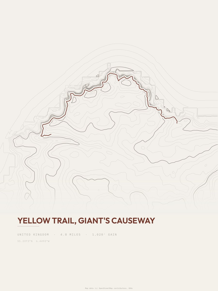 Yellow Trail, Giant's Causeway topographic trail print