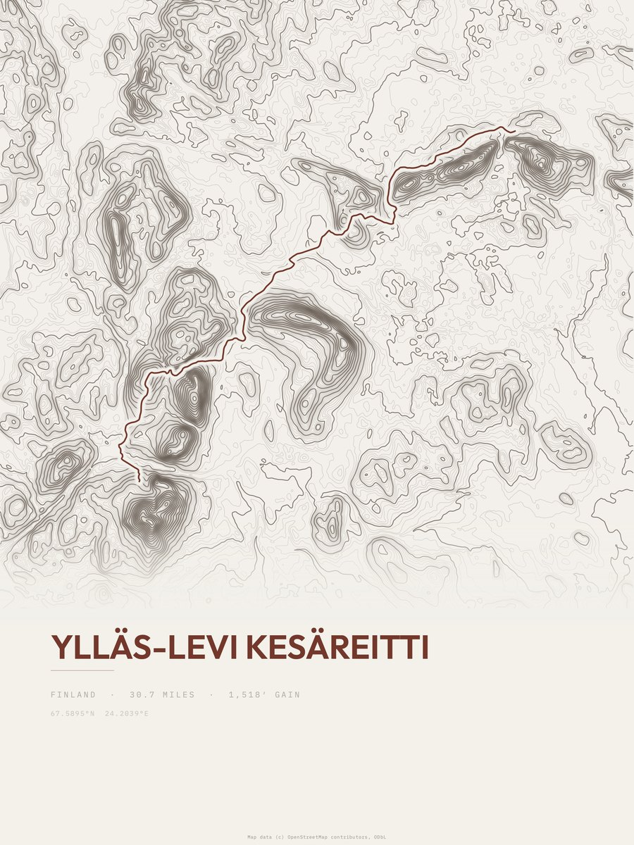 Ylläs-Levi kesäreitti topographic trail print