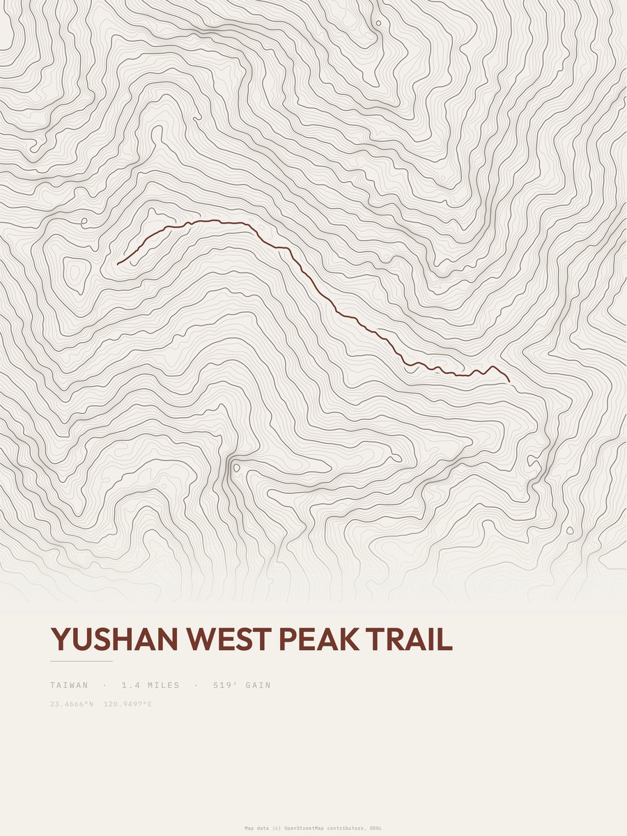 Yushan West Peak Trail topographic trail print