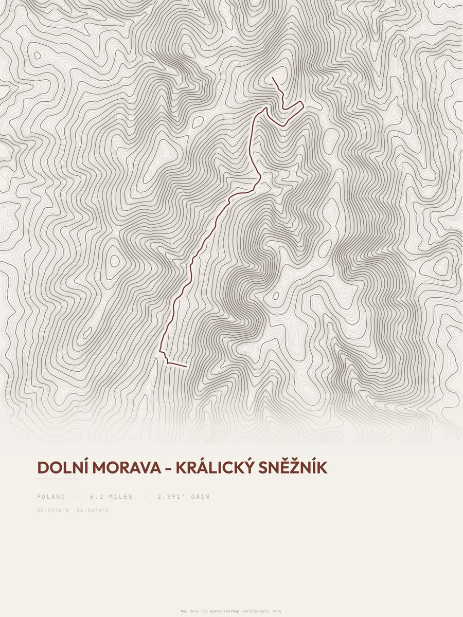 Dolní Morava - Králický Sněžník topographic trail print