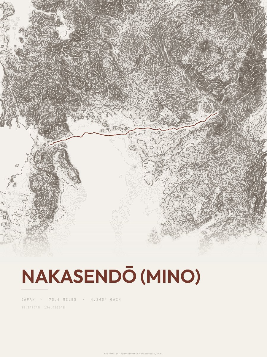 Nakasendō (Mino) topographic trail print