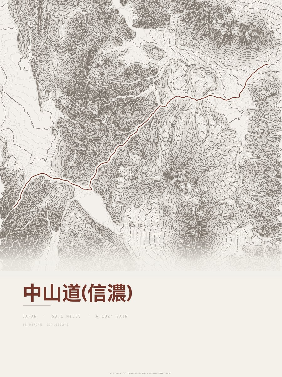 Nakasendō (Shinano) topographic trail print