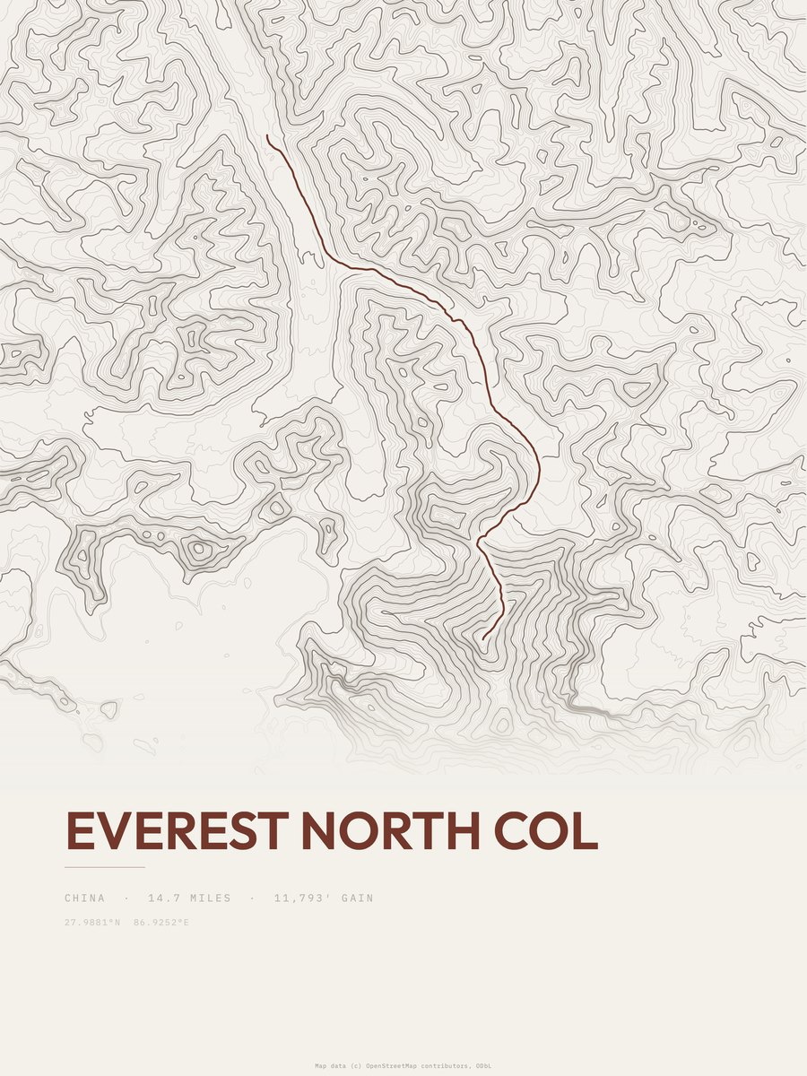 Everest North Col topographic trail print